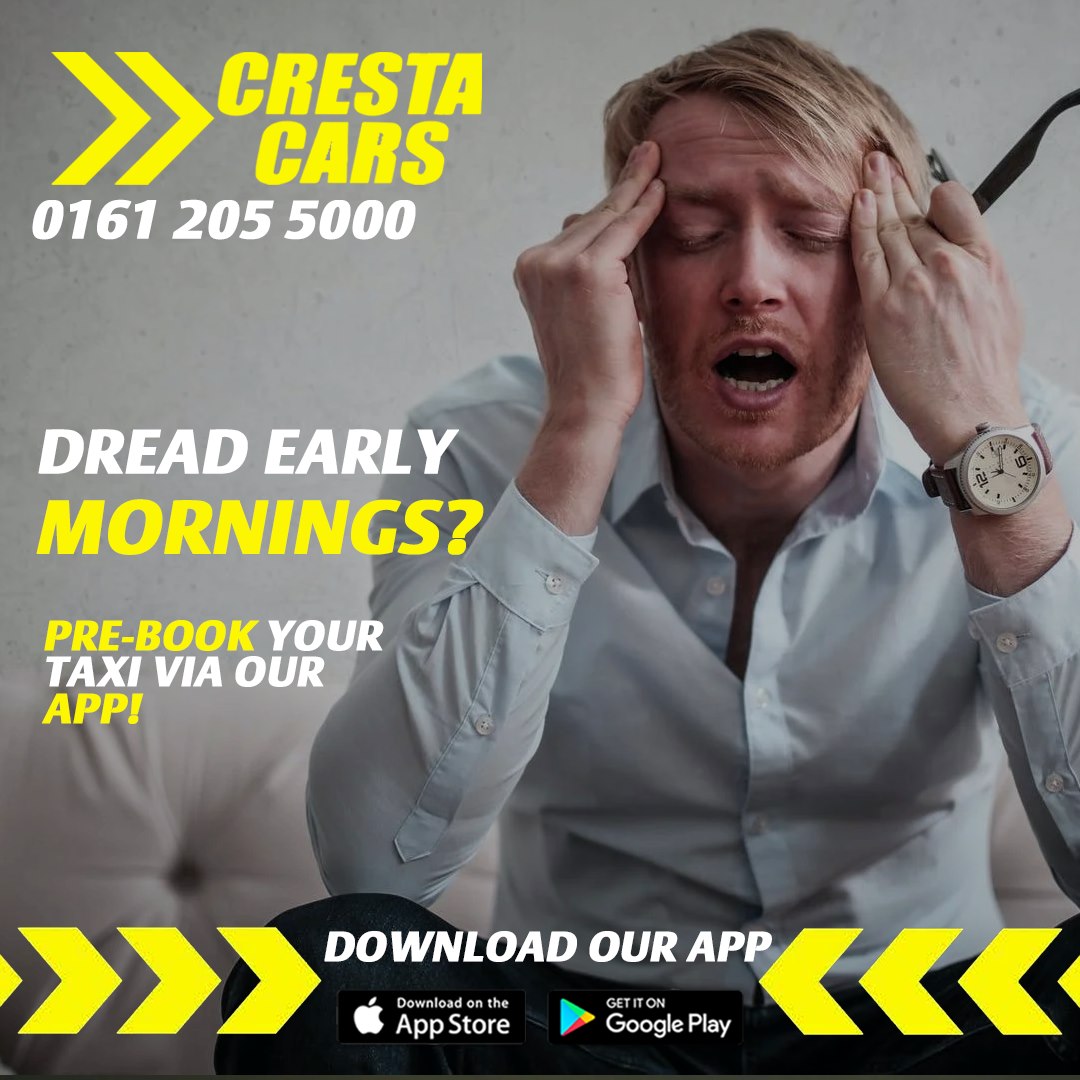Pre-book your taxi via our app and get those extra minutes in bed.

Download the FREE app today: onelink.to/crestacarstaxi
0161 205 5000
Crestacars.co.uk
.
.
.
.
#safetaxitravel #crestacars #taxi