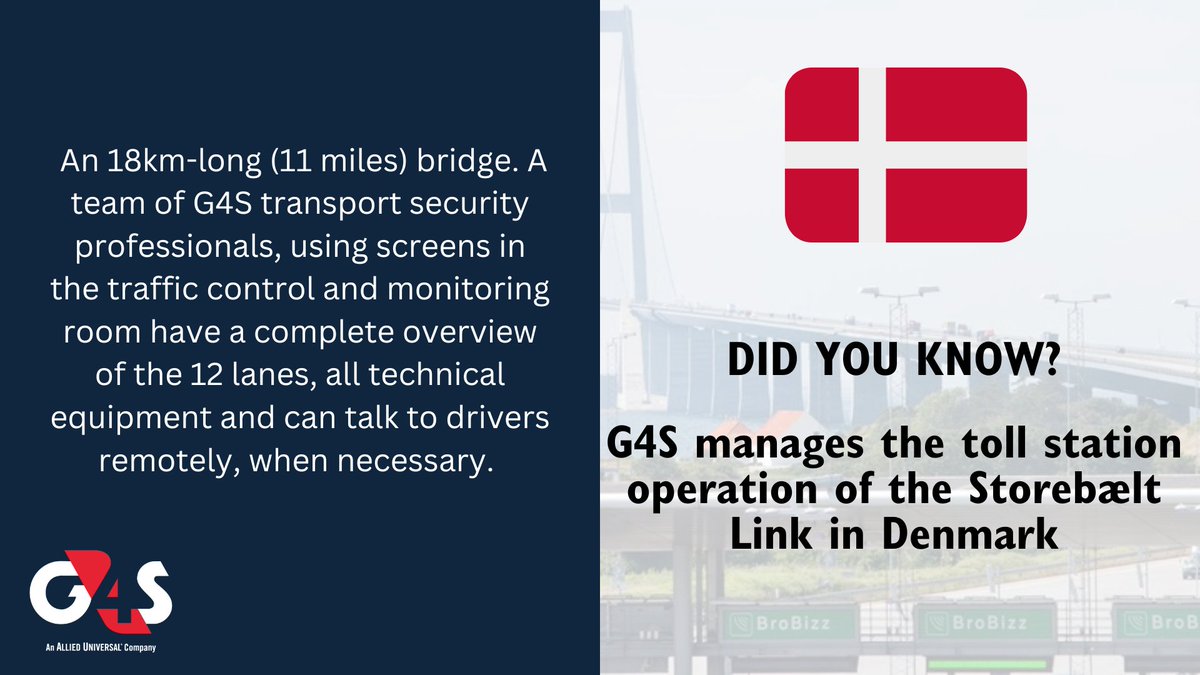 G4S's tweet image. Check out how G4S manages the toll station operation of the Storebælt Link in Denmark. 

Read the full article here: ow.ly/Eg3450OnJYs

#G4S #transportsecurity #StorebæltLink #Denmark