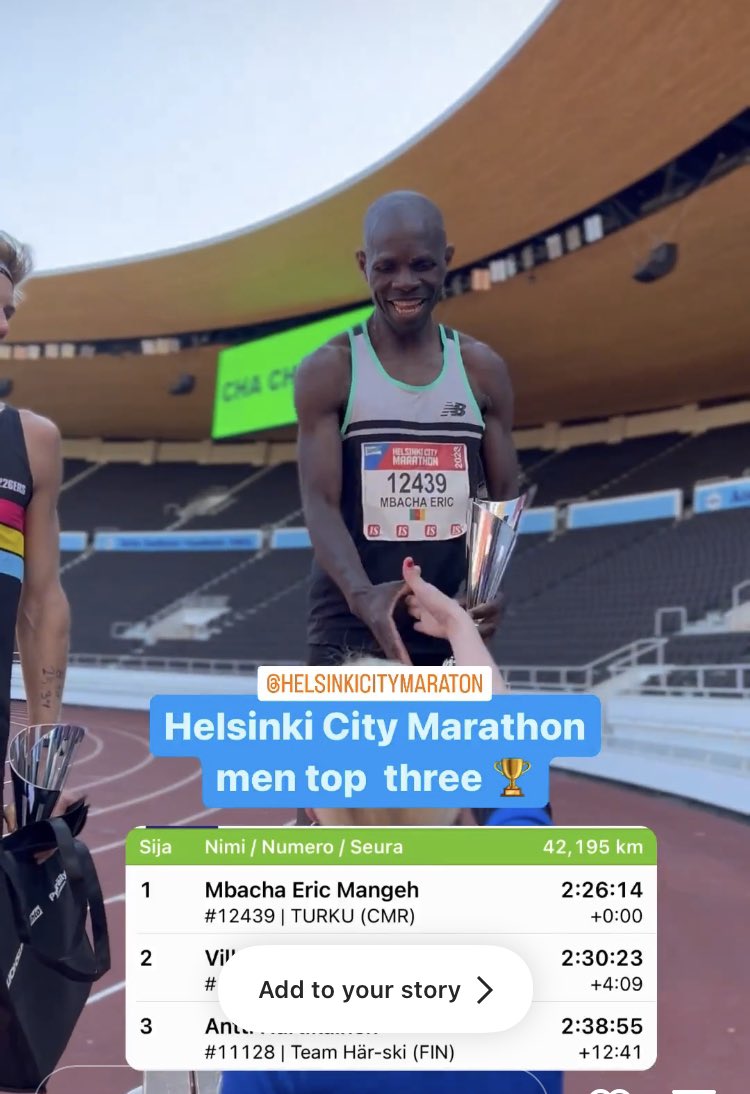 TheCameroonianZ's tweet photo. Le Camerounais Eric Mbacha Mangeh remporte le marathon d'Helsinki 2023 #Finlande.
#Cameroon π¨π²
Β© : @EricMbacha https://t.co/pxFRQ8S0Ix