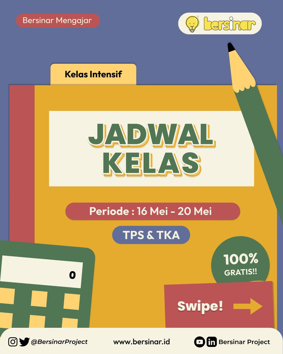 BersinarProject's tweet photo. [BERSINAR WEEKLY 16–20 MEI 2023]

Selamat hari Senin, Sob! Yuk, mantepin persiapan UTBK dan mandiri bareng Bersinar dengan ikut kelas Bersinar Mengajar!

Langsung aja cek jadwal kelas di bawah ini! 👇 https://t.co/sPEIHOfaaJ