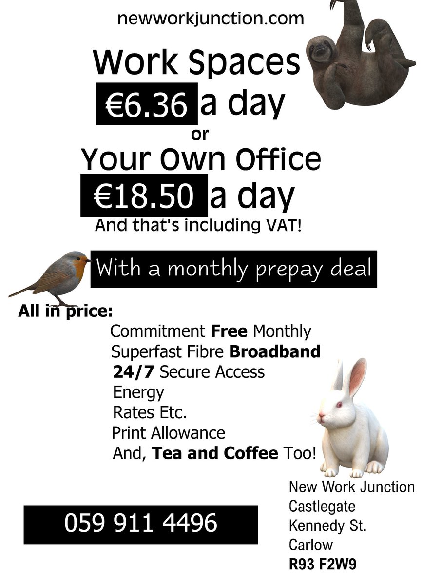 newworkjunction's tweet image. Overhead taming Summer deals at New Work Junction, Carlow. Two bright sunny offices are available right now. Start today lease/commitment free and stay as long as you like.