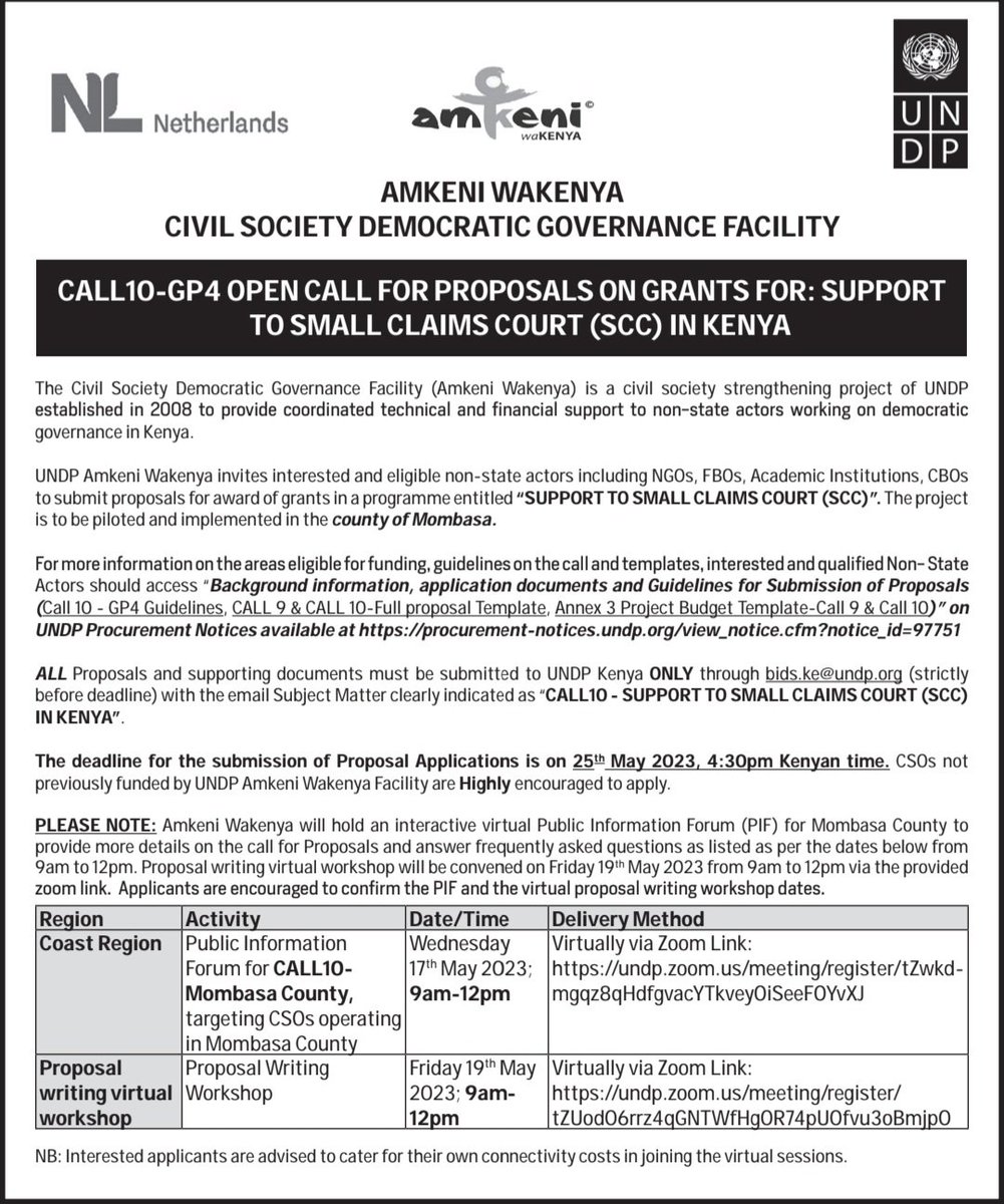 @UNDPKenya through its strengthening democratic governance facility @amkeniwakenya is inviting eligible #CSOs to apply for grants focusing on #accesstojustice & support to #smallclaimscourt. See links for info👇 bit.ly/UNDPcfp bit.ly/UNDPcfp2 #PleadYetu