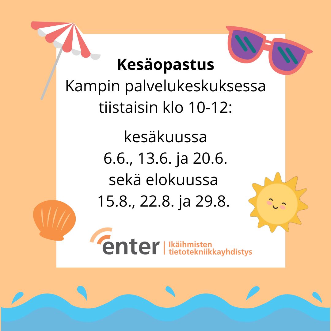 ☀️ Enterin KESÄOPASTUS tarjoaa jälleen digitukea senioreille, ilman ajanvarausta, Kampin palvelukeskuksessa (Hki) kesä- ja elokuussa. Lue: entersenior.fi/opastus/lahiop…

❓ Onko oma opastuspaikkasi jo kesätauolla, vai ehditkö vielä opastukseen? Tarkista täältä: entersenior.fi/opastus/lahiop…