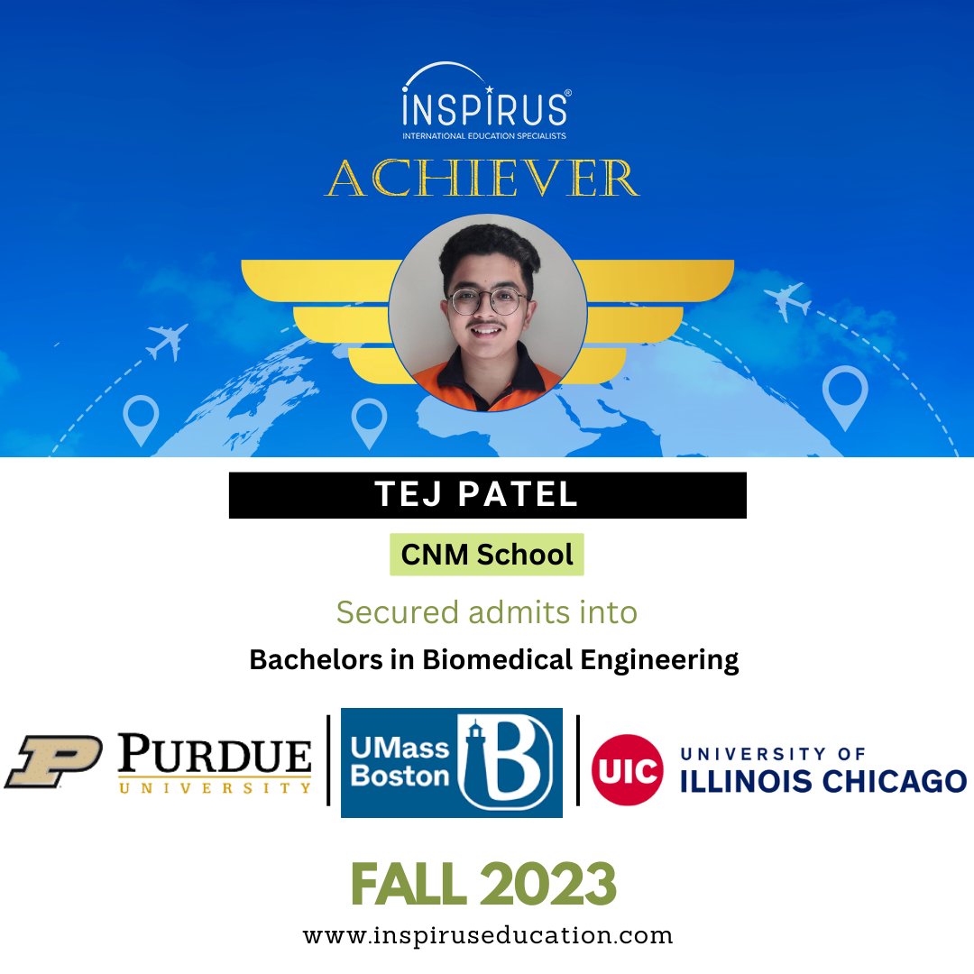 Tej Patel our student has secured admit to Purdue University, UMass Boston & University of Illinois Chicago for Fall 23.

#studyabroad #topuniversities #fall2023 #biomedicalengineering #engineering  #bacheorsinbiomedical #purdueuniversity #umassboston #universityofillinoischicago