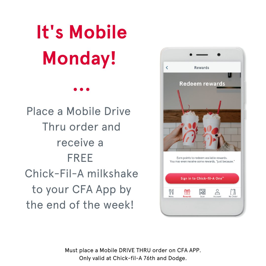 It’s Mobile Monday!!!📱❤️
Place a Drive Thru Mobile Order and receive a FREE Chick-fil-A milkshake in your treats by the end of the week!
#mobileorder #chickensammy #cfa #mondayfunday #closedonsundays