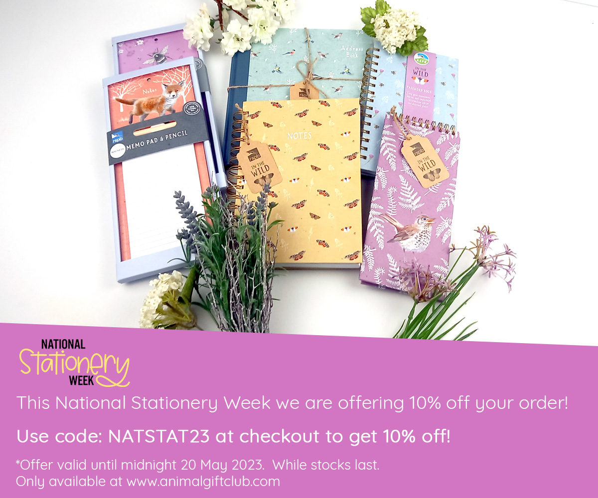AnimalGiftClub's tweet photo. This National Stationery Week we are offering 10% off your order!

Use code: NATSTAT23 at checkout to get 10% off!

*Offer valid until midnight 20 May 2023.  While stocks last. Only available at https://t.co/E0qDTRRohq

#natstatweek #natstatweek2023 #animalgiftclub #stationery https://t.co/HvZleZbKzr