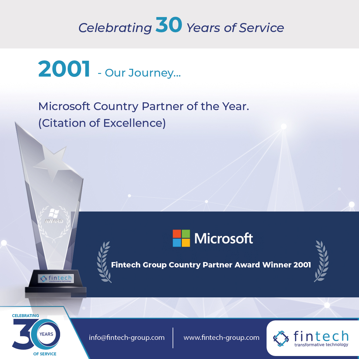 Fintech Group was honored among a global field of top Microsoft Partners for African countries demonstrating excellence in innovation and implementation of customer solutions based on Microsoft Technology in 2001 #microsoftpartner #microsoftcertification #microsoft #fintech