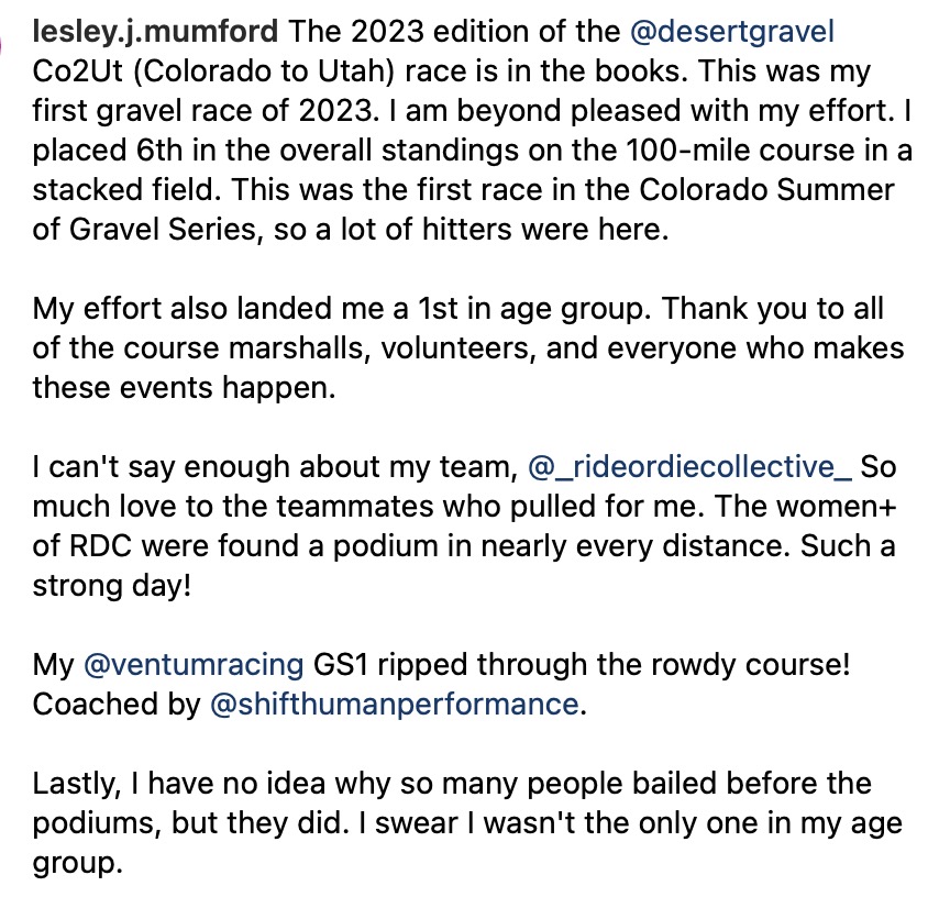 The CO2UT gravel race was yesterday. 

Trans-identified male cyclist Lesley (Wesley) Mumford was🥇 in the women's 40-49 age group (out of 14) and 6/33 for women overall on the 100 mile course. 

Lesley doesn't know why no one else showed up for the podium!

#ThisNeverHappens