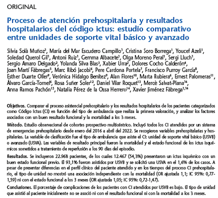 Proceso de atención prehospitalaria del código ictus: estudio comparativo entre unidades de soporte vital básico y avanzado
El tipo de unidad que asistió al paciente no se asoció ni con el resultado funcional ni con la mortalidad a los 3 meses