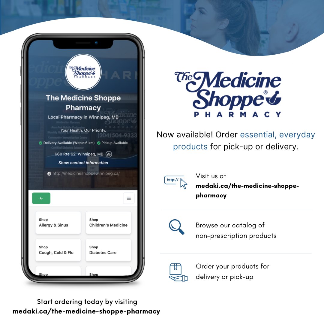 MedaKi is now in Winnipeg, Manitoba!

Now available at The Medicine Shoppe Pharmacy. Your South Osborne full-service pharmacy!

Use the following link to visit the pharmacy page: medaki.ca/the-medicine-s…

#pharmacy #local #online #delivery #startup