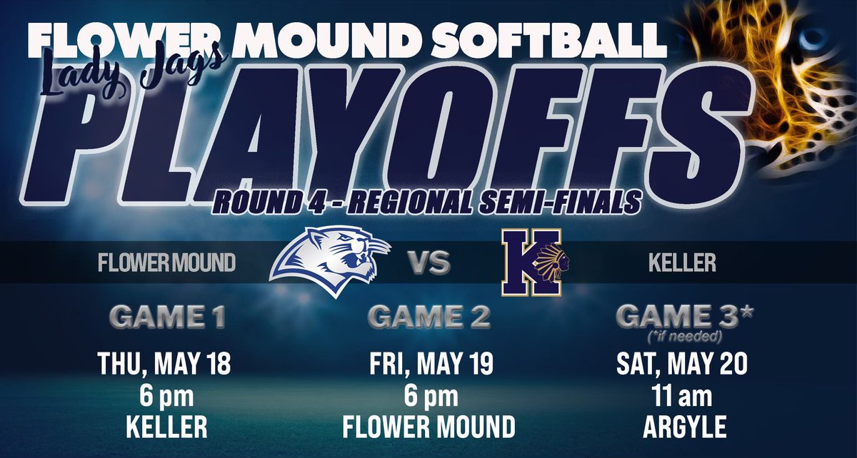💥 ROUND 4 PLAYOFFS!! 💥
Come out and cheer on your Lady Jags in REGIONAL SEMI-FINALS!
GAME 1: 5/18 - 6pm at Keller
GAME 2: 5/19 - 6pm at FM
GAME 3 (if needed): 5/20 - 11am at Argyle
#Togetherwerebetter #GoJAGS