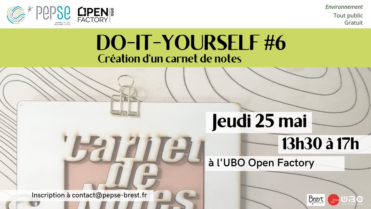 Fabriquez vous-même un carnet de notes en bois rechargeable ! Cet atelier est ouvert à tous et gratuit.

👉 Informations &amp; inscription à contact@pepse-brest.fr