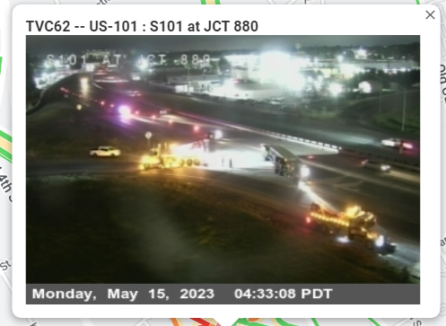 KCBSAMFMTraffic's tweet photo. In #SanJose, an overturned big-rig is blocking the 3 right lanes of #Highway101 at southbound #Interstate880. The connector ramp from southbound 880 to southbound 101 has been closed. A #specialtrafficalert is in effect.
#KCBSTraffic
@KCBSRadio https://t.co/XzOxfvA1Vk
