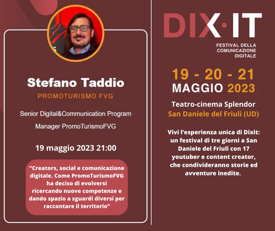 VisitFVG's tweet photo. 📌 Ven.19/05 al #DIXIT Festival non perderti Stefano Taddio di PromoTurismo FVG! Parleremo di "Creator, social e comunicazione digitale" e di come PromoTurismo stia evolvendo per raccontare il nostro territorio in modi nuovi e stimolanti. 🚀 #fvglive 
https://t.co/g59VTzxH0t https://t.co/02GCbGLOsN
