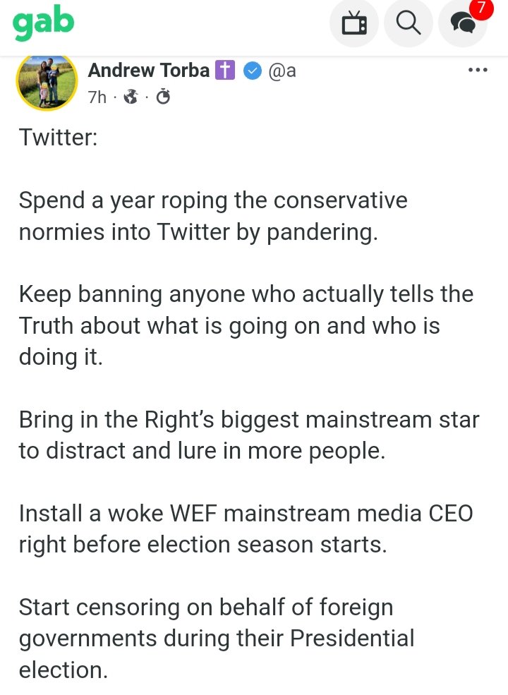 Below is a post by Andrew Torba, CEO of Gab

Why on earth did you Elon, pick a woke WEF member as the new Twitter CEO??
Because of this, 'the Wolf' will be in our livingroom. 
Elon, I believe you've just ruined the trust of millions you earned earlier when you purchased Twitter.