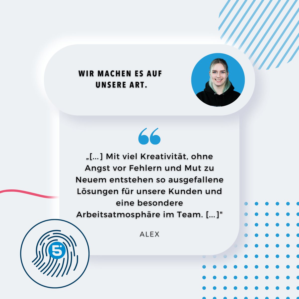 byte5's tweet image. Kreativkopf Alex bringt es auf den Punkt: Wir haben einen typischen byte5-Style, der sich nicht nur in ihren Entwürfen zeigt. ✨

„Ausprobieren und außergewöhnliche Ideen sind gewünscht und werden unterstützt. [...] Eben der byte5-Style.“ 💻

#byte5 #newwork #creativity #ownstyle