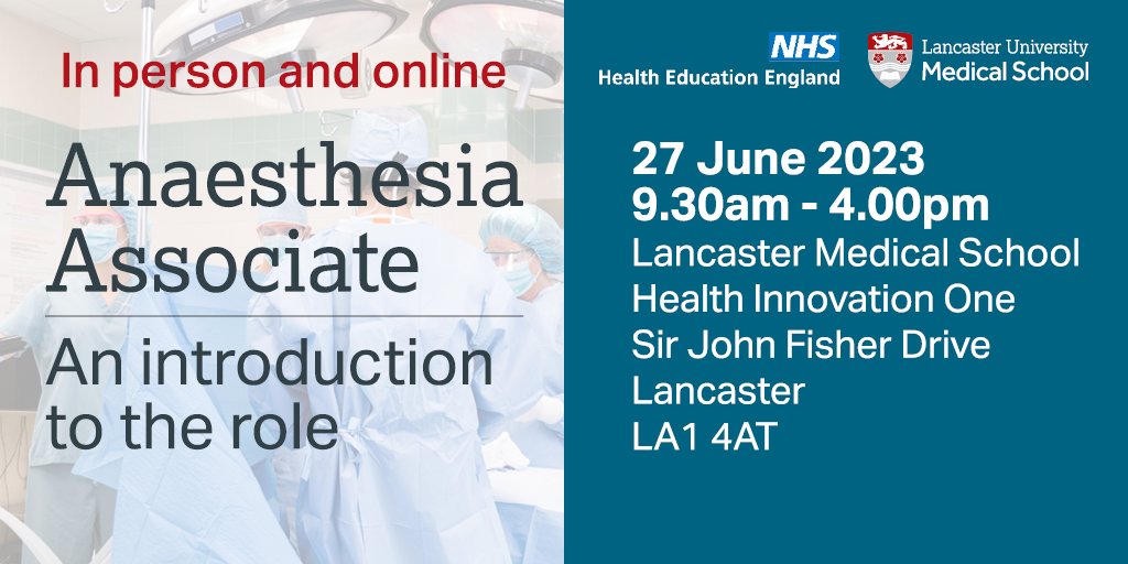 Anaesthesia Associates are essential to help clear the backlog of operations in the NHS. Find out more about this challenging and rewarding role. In person and online 27 June 2023 Lancaster Medical School Register here: lancaster-uk.libcal.com/event/4034028