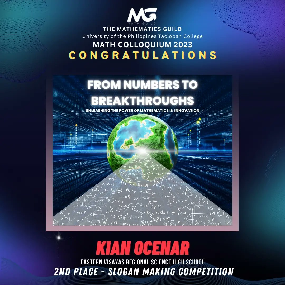 upvtcmathguild's tweet photo. In a battle of words, creativity, and composition, three participants rose to the challenge and conveyed and interpreted this year’s theme with ease, logic, and artistry. 

Congratulations to our slogan making contest winners!

#TheMathematicsGuild
#MathColloquium2023 https://t.co/wg8BdI1HAP