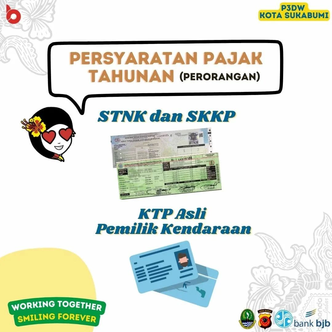 bapenda_jabar's tweet photo. Kali ini Minda share dokumen persyaratan untuk melakukan proses layanan di P3DW Kota Sukabumi ya
.
Yuk dipelajari dan dipersiapkan syaratnya 😉
.
#jabarjuara
#BapendaJabar
#workingtogether
#smilingforever https://t.co/GuvD0eG0Cr
