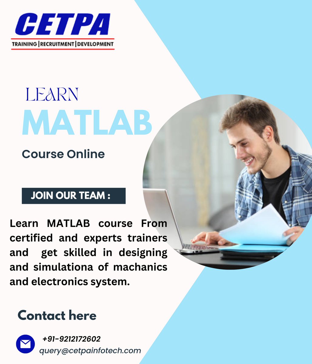 Reach the next level of MATLAB course with CETPA Infotech and get skilled in designing, mechanics and electronics. Call +91-9212172602 for Enquiry and enrollment.

#MATLAB #MatlabCourse #MATLABtraining #mechanicalengineering #electricalengineering