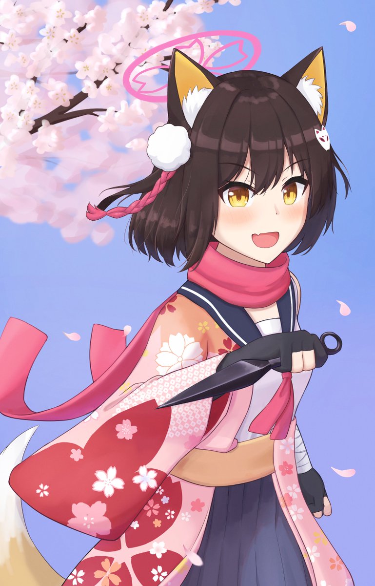 izuna (blue archive) 1girl animal ears kunai fox ears weapon solo cherry blossoms  illustration images