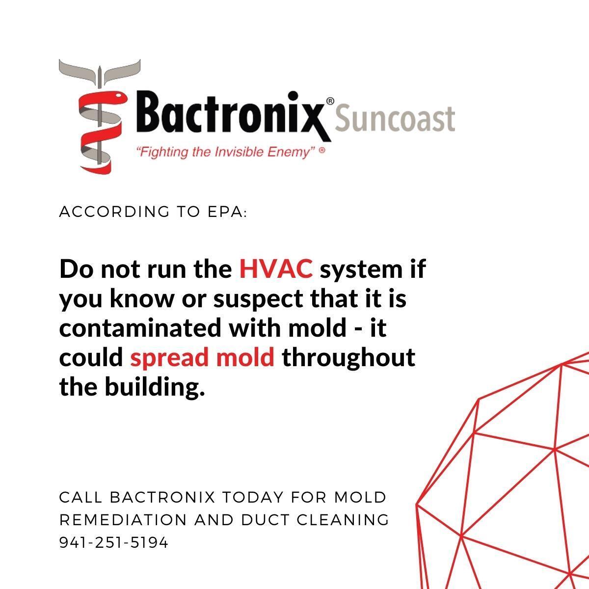 BactronixS's tweet photo. According to the EPA, do not run the HVAC system if you know or suspect that it is contaminated with mold -- it could spread mold throughout the building. 

#DisinfectingService #BradentonBusiness #SarasotaBusiness #TampaBusiness #SupportLocalBradenton #SupportLocalTampa #Florida https://t.co/oGpPBIG7Su