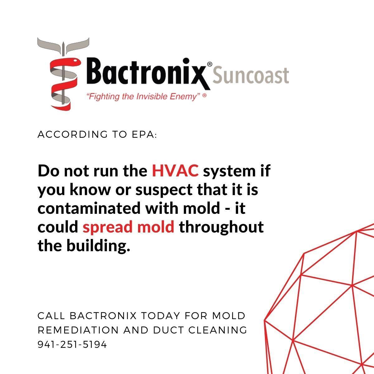 According to the EPA, do not run the HVAC system if you know or suspect that it is contaminated with mold -- it could spread mold throughout the building. 

#DisinfectingService #BradentonBusiness #SarasotaBusiness #TampaBusiness #SupportLocalBradenton #SupportLocalTampa #Florida