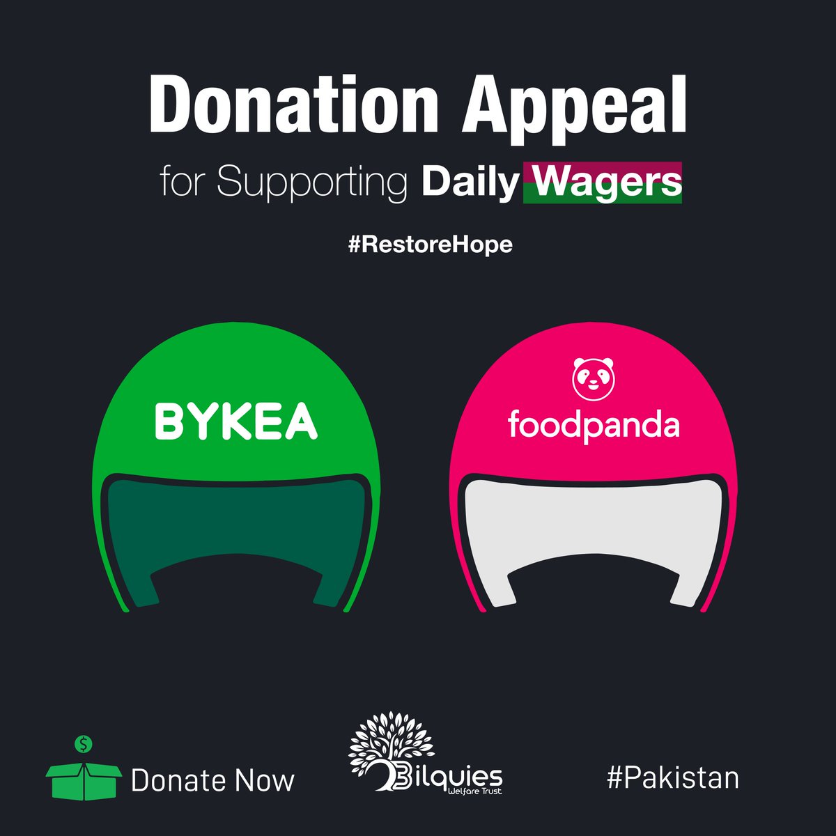 Urgent Donation Appeal Due to the recent political unrest and the internet shut down all over the Pakistan innumerable people have suffered economical and financial loss. Especially daily wagers people who run #bykea and #foodpanda deliveries. #Restorehope #bwt