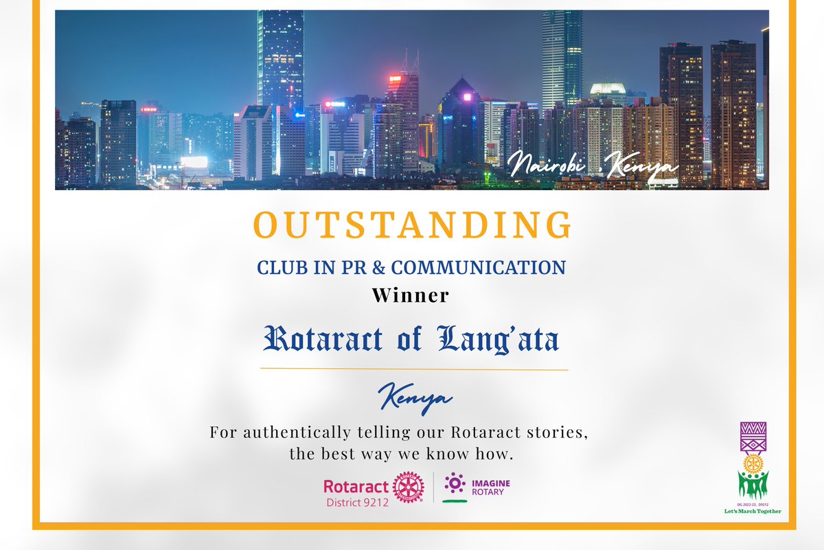 Congratulations to the Rotaract Club of Langata
🏆 Outstanding Club in PR and Communication
<a href="/RotaractLangata/">Rotaract Club of Langata</a> 

#LetsMarchTogether
#98thDCA
#ImagineRotary