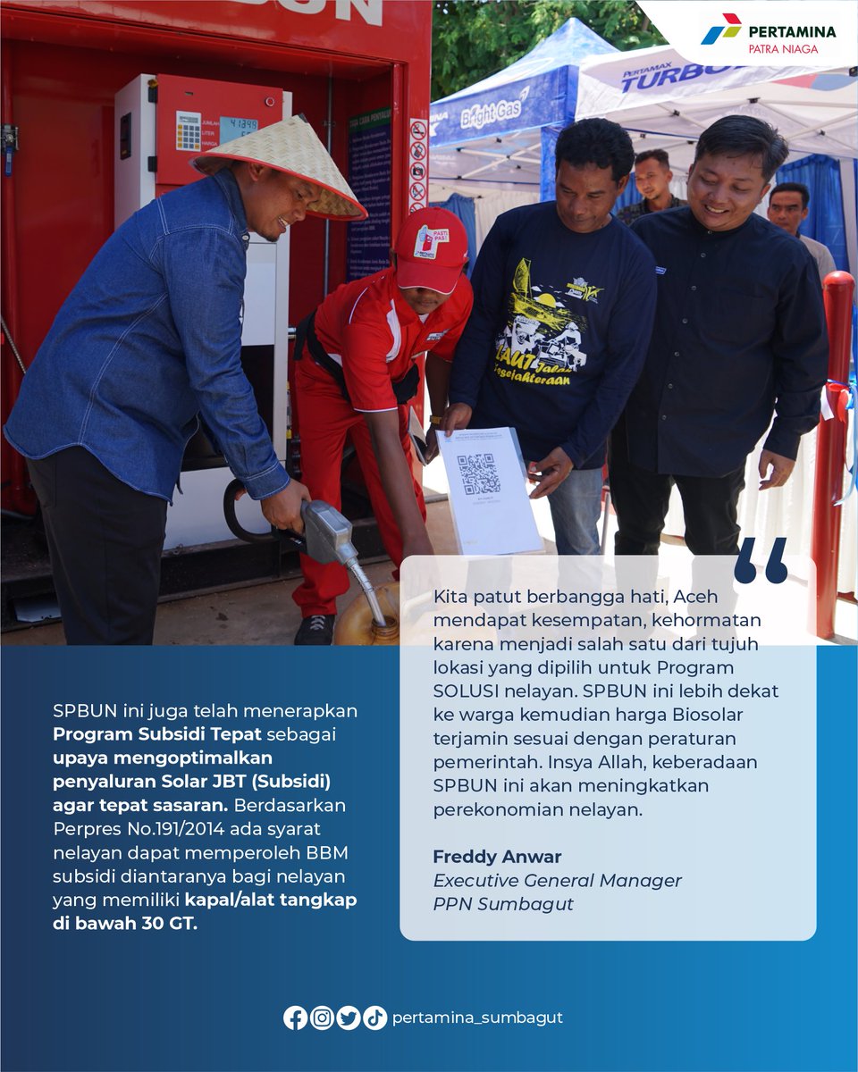 PPNSumbagut's tweet photo. didampingi Pj Gubernur Aceh, beserta Executive General Manager Pertamina Patra Niaga Regional Sumbagut. Dengan adanya SPBUN tersebut, diharapkan dapat meningkatkan perekonomian nelayan sekitar.
#ProgramSOLUSI #SPBUN #PPNSumbagut #EnergizingYou #mor1nspire https://t.co/rLN8vY5lIn