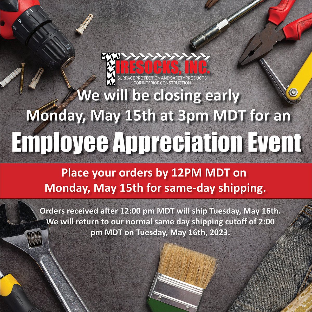 Tiresocks's tweet photo. We will be closing early today at 3pm MDT time! https://t.co/HJpZ99RITN