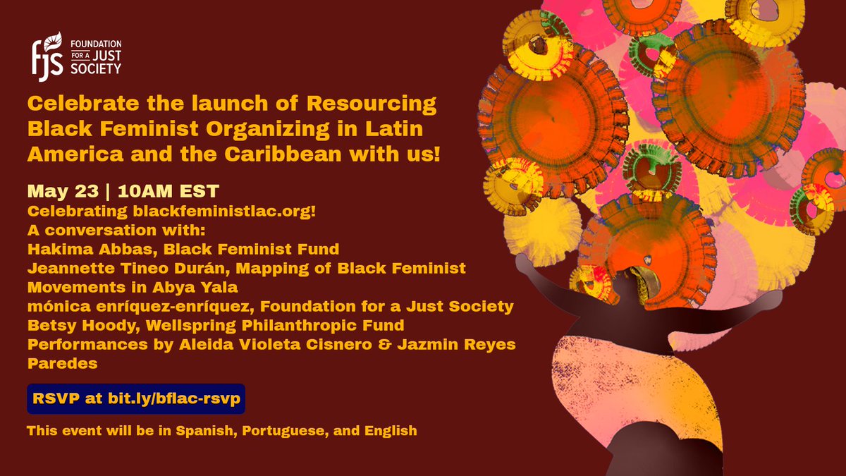 Join a trilingual conversation on 5/23: Resourcing Black Feminist Organizing in Latin America & the Caribbean. We’ll discuss the breadth of these movements & how funders can build resources. 
fjsorg.zoom.us/webinar/regist…

 #FundBlackFeminists
#LatinAmerica
#Caribbean
#BlackFeminism