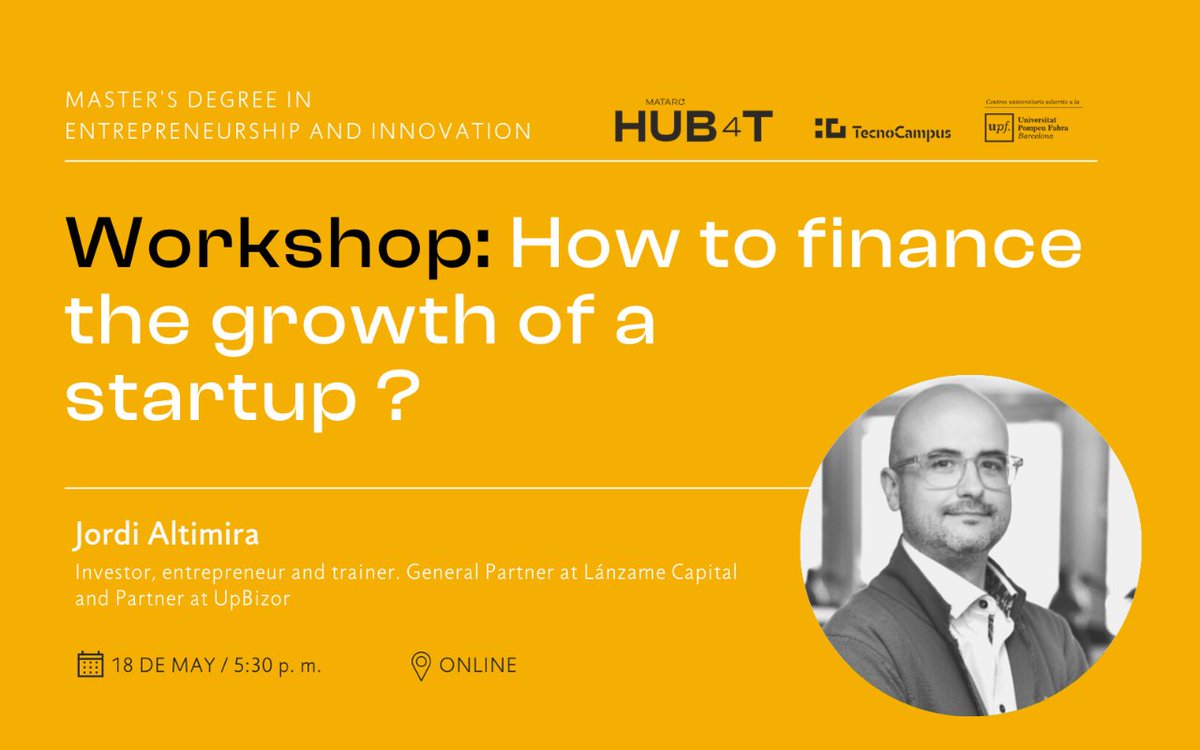 @JordiAltimira @TecnoCampus @master_empreTCM 🆕 WORKSHOP #online 📣 How to #finance the growth of a #startup?
 
🧐 Discover the bases to obtain #privateinvestment, know how an #investor thinks and how to adapt to their conditions.

🙋‍♂️ @JordiAltimira

🗓️ Thursday 18/05 | 5:30 p.m
🗣️ English
 
Join it!
bit.ly/3DBRlgN