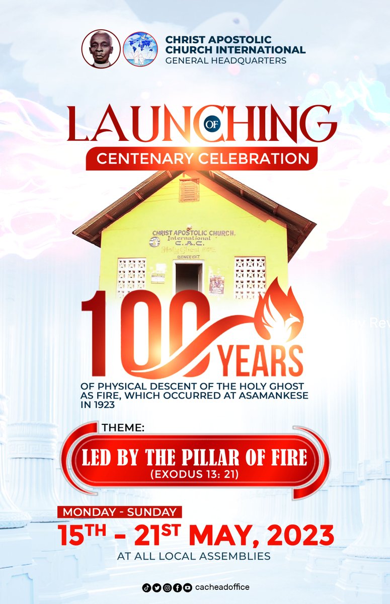 cacheadoffice's tweet photo. Members are encouraged to partake in the 7-Day Revival Programme, from today, 15th to 21st May, 2023 towards the LAUNCH of the 100 Years Anniversary of the physical manifestation of the Holy Ghost at all local levels.
#CAC2023 #cachq #bediscipledtomeetyourgod2023 #holyspiritday https://t.co/GSugZh4KNR