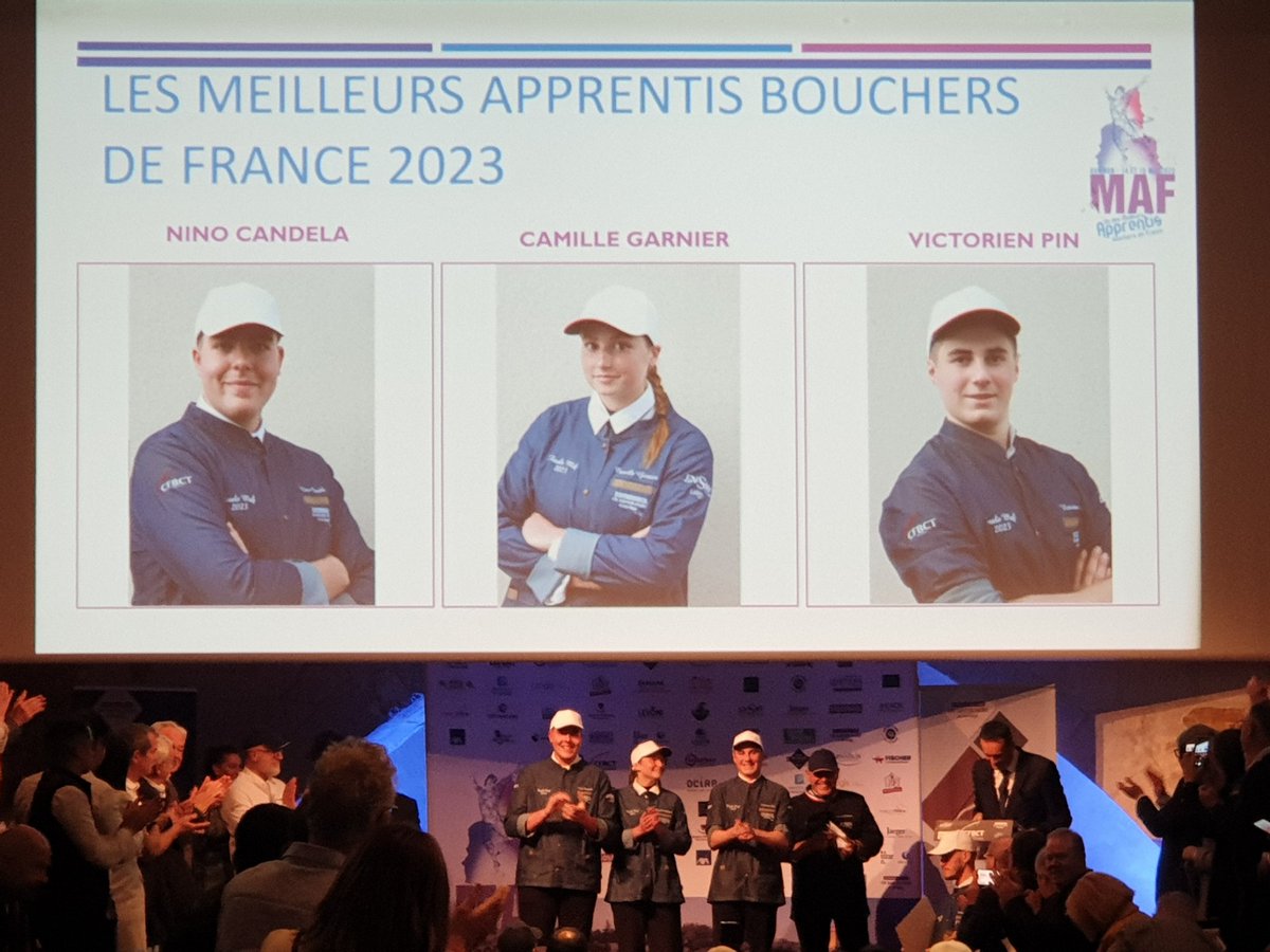 "Tout le monde debout" pour ovationner les 1ers exequao de la finale nationale des apprentis bouchers. Bravo pour votre travail, bonne continuation à vous. Magnifique métier artisanal. Continuez à raviver nos yeux et notre palais
PACA représenté par la lauréate Camille Garnier👏