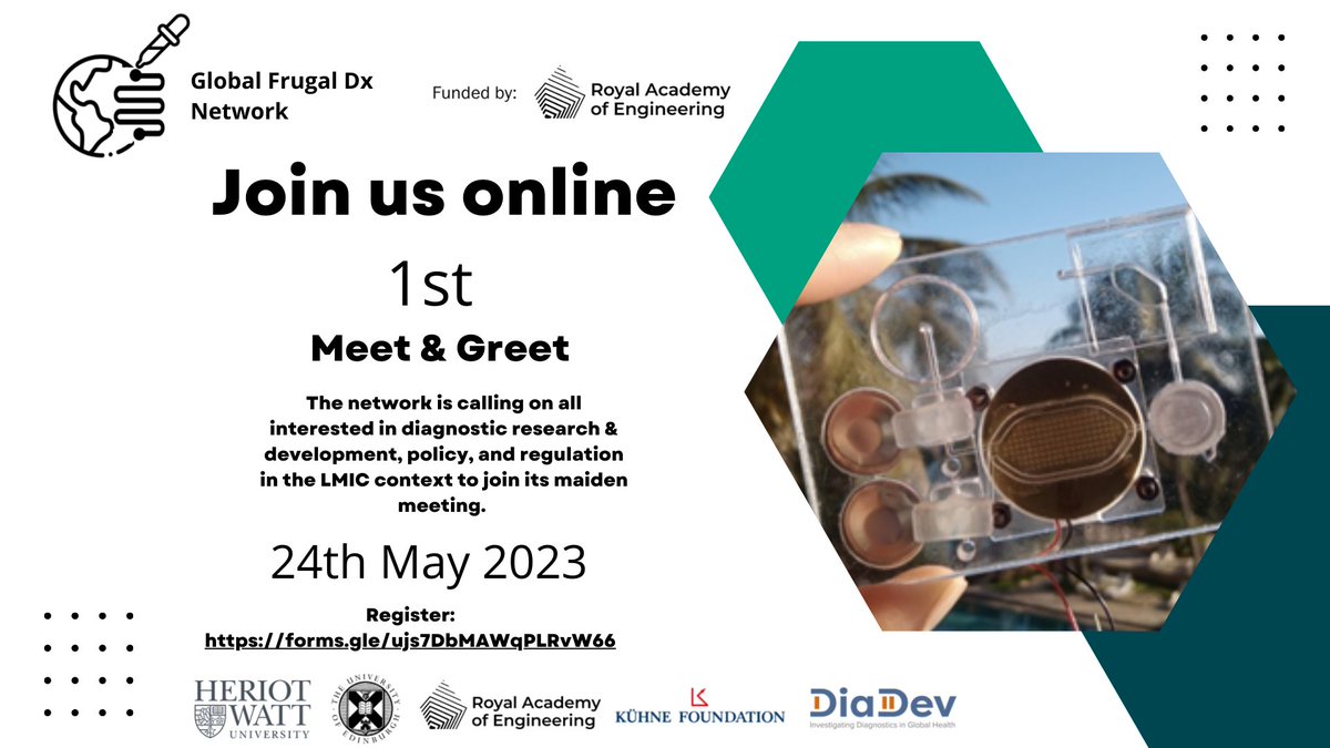 Interested in frugal innovation for diagnostics? 🩸🌎 We're launching the Frugal Diagnostic Network  with <a href="/harryakligoh/">Harry Akligoh</a> <a href="/okaNdlovini/">Zibusiso 'zee' Ndlovu</a> <a href="/AyokunleOlan/">Ayokunle Olanrewaju</a> <a href="/DiaDev_Research/">GlobalHealthDx</a> with funding from <a href="/RAEngGlobal/">RAEngGlobal</a>. 
1st Meet &amp; Greet on 24May 5pm BST
👉bit.ly/FrugalDx
<a href="/RAEngNews/">Royal Academy of Engineering</a> #FrugalDx