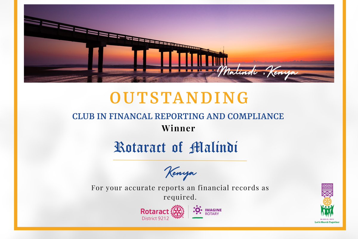 rotaract254's tweet photo. Congratulations to the Rotaract Club of Malindi
@Racmalindi
🏆 Outstanding Club in Financial Reporting and Compliance
#LetsMarchTogether
#98thDCA
#ImagineRotary https://t.co/msGyq5HhxN