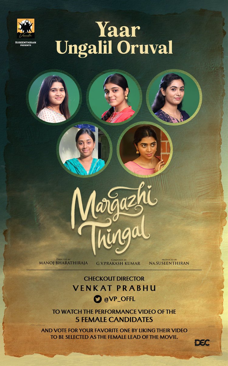 Nikil Murukan (@onlynikil) on Twitter photo #UngalilOruval
Dir <a href="/vp_offl/">venkat prabhu</a> revealing the selected 5 candidates for the female lead of #MargazhiThingal
Prod by <a href="/Dir_Susi/">vennila production</a> 's #VennilaProductions,
Dir by <a href="/manojkumarb_76/">manoj k bharathi</a>
<a href="/offBharathiraja/">Bharathiraja</a> <a href="/gvprakash/">G.V.Prakash Kumar</a> #KasiDinesh <a href="/KabilanVai/">KabilanVairamuthu</a> <a href="/vasukibhaskar/">vasuki bhaskar</a> <a href="/DuraiKv/">Durai KV</a> <a href="/onlynikil/">Nikil Murukan</a> <a href="/decoffl/">DEC</a> #UngalilOruval
Dir <a href="/vp_offl/">venkat prabhu</a> revealing the selected 5 candidates for the female lead of #MargazhiThingal
Prod by <a href="/Dir_Susi/">vennila production</a> 's #VennilaProductions,
Dir by <a href="/manojkumarb_76/">manoj k bharathi</a>
<a href="/offBharathiraja/">Bharathiraja</a> <a href="/gvprakash/">G.V.Prakash Kumar</a> #KasiDinesh <a href="/KabilanVai/">KabilanVairamuthu</a> <a href="/vasukibhaskar/">vasuki bhaskar</a> <a href="/DuraiKv/">Durai KV</a> <a href="/onlynikil/">Nikil Murukan</a> <a href="/decoffl/">DEC</a>