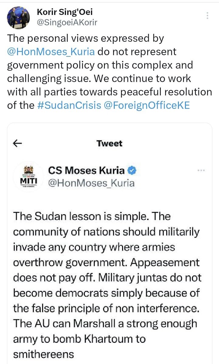 This mature, responsible and timely statement by ⁦@SingoeiAKorir⁩ is commendable.

CS Moses Kuria’s reckless and inflammatory utterances on the Sudan crisis must be condemned sternly.