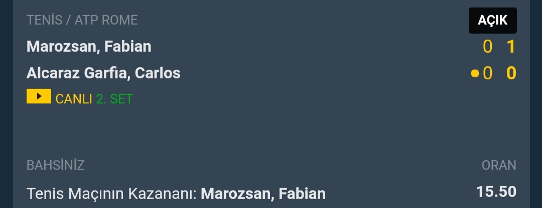 Marozsan Alcaraz'ı yenerse

5x100 toplam 500₺ çekiliş

RT &amp; FAV yeterli

t.me/sonictips