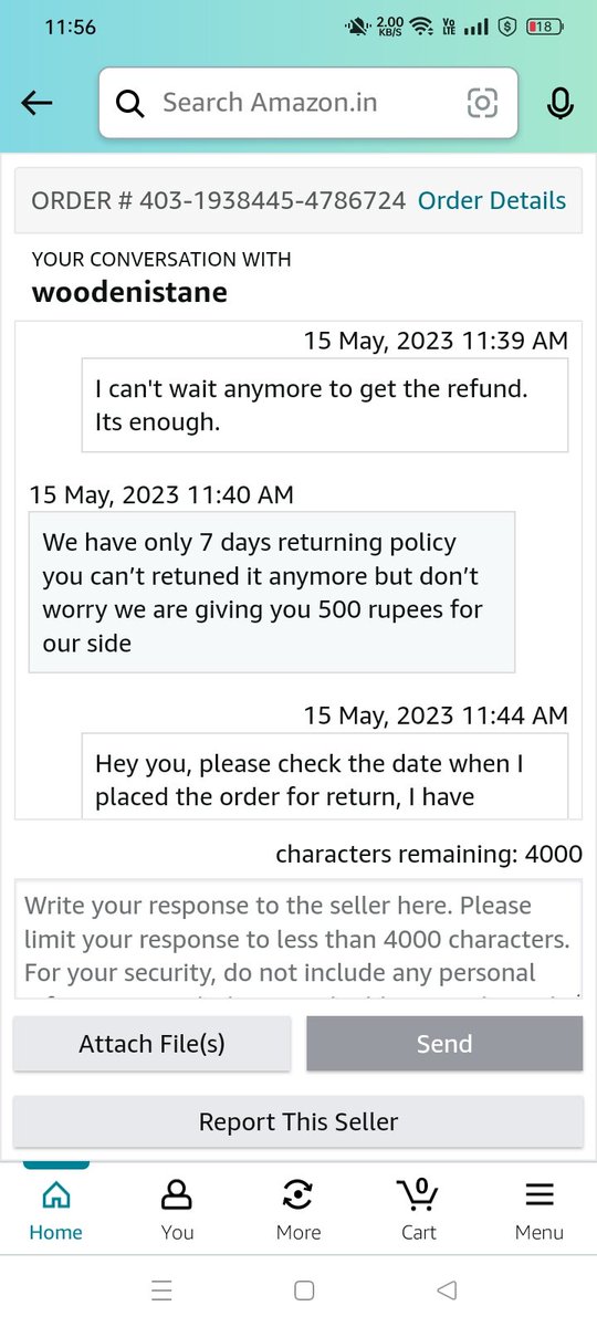 jitesh292's tweet photo. The seller was delaying the process and no one arrived to pickup the item i was communicating with seller through amazon chat support. Now its more than a week from date of return and today 15-May-23 seller is refusing to return the item by saying return duration is 7 Days. https://t.co/Ut3g0qyV9b