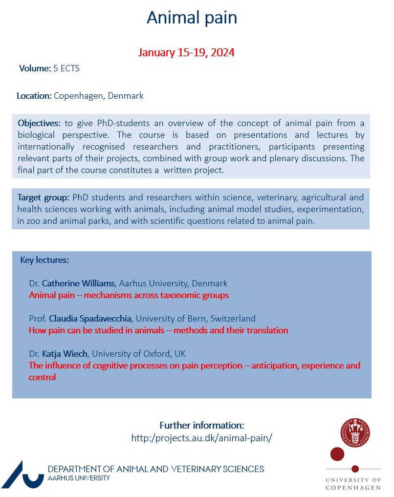 Mette S. Herskin (@herskinmette) on Twitter photo The PhD-course on 'Animal Pain' has been funded and will be offered January 15-19 next year. Details here: projects.au.dk/animal-pain. Course is offered by <a href="/Husdyrforskning/">Institut for Husdyr- og Veterinærvidenskab, AU</a> and <a href="/UCPH_Research/">University of Copenhagen Research</a> . Looking forward to welcome participants and teachers! Please share! The PhD-course on 'Animal Pain' has been funded and will be offered January 15-19 next year. Details here: projects.au.dk/animal-pain. Course is offered by <a href="/Husdyrforskning/">Institut for Husdyr- og Veterinærvidenskab, AU</a> and <a href="/UCPH_Research/">University of Copenhagen Research</a> . Looking forward to welcome participants and teachers! Please share!
