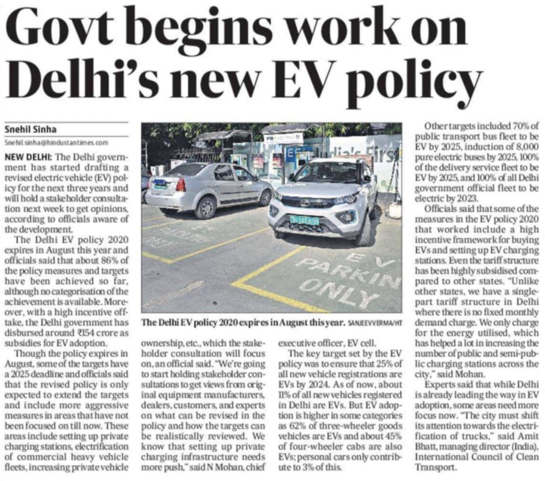 'The Delhi government has started drafting a revised electric vehicle (EV) policy for the next three years and will hold a stakeholder consultation next week to get opinions, according to officials aware of the development.' @snehilsinha27 @htTweets