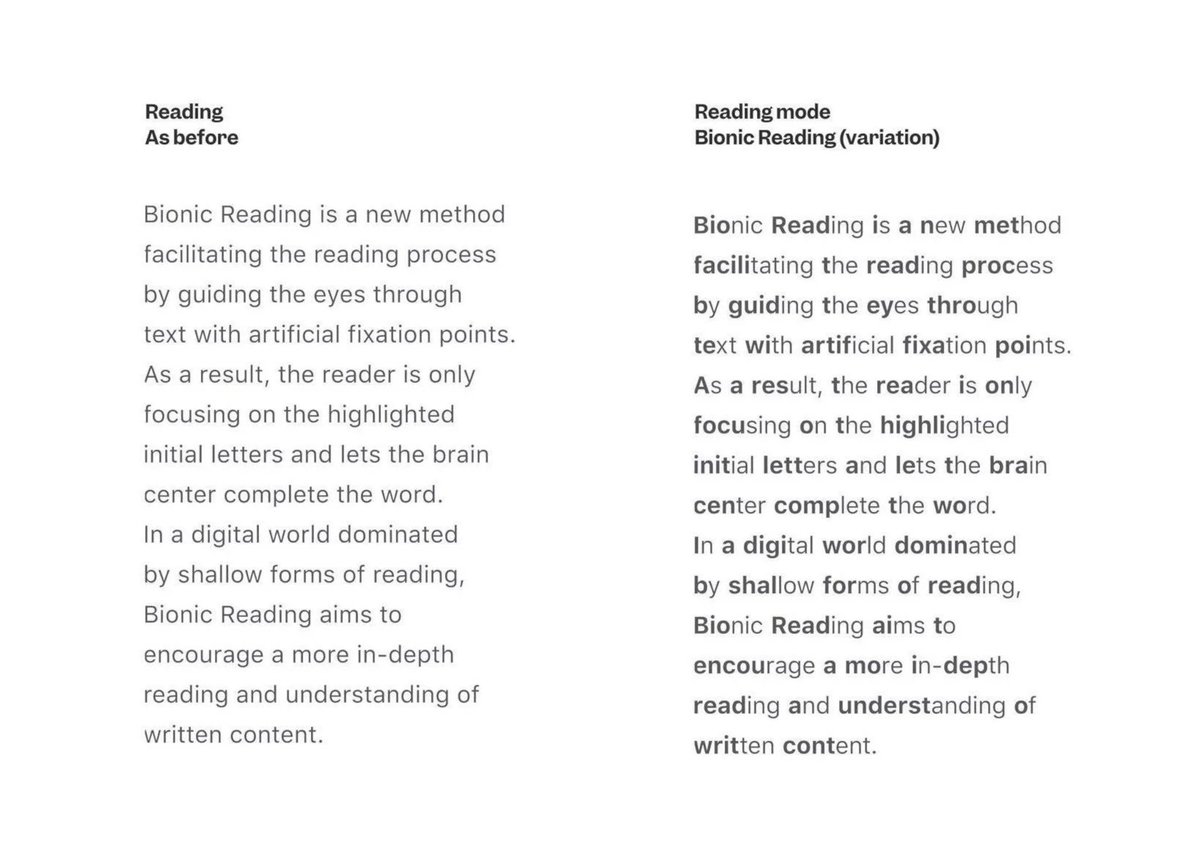 SahilBloom's tweet photo. Bionic Reading involves strategically bolding parts of words to help your brain process text more efficiently.

Does it work for you? https://t.co/7yseBd56cE