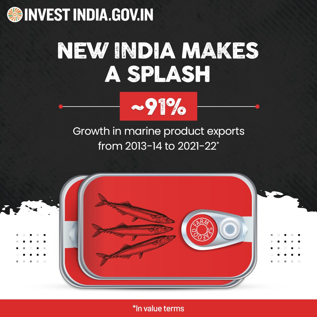 #InvestInIndia

#NewIndia’s marine products exports are projected to reach USD 14 Billion by 2025. 🐟🐠

Discover more about the industry at: bit.ly/II-Fisheries_A…

#InvestIndia #FisheriesIndustry #Aquaculture #FoodProcessing #MarineProducts #Exports @newlyswissed