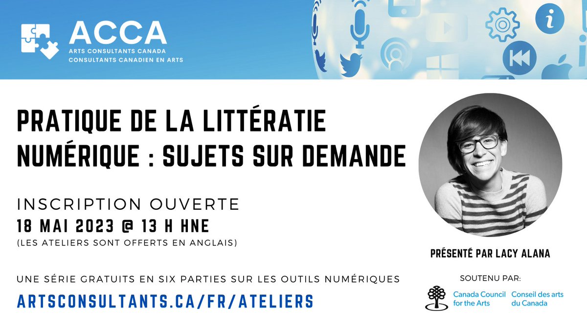 Notre avant-dernier atelier #OutilsNumériques ! Cette session est flexible pour permettre aux participants d’aborder les sujets dont ils souhaitent discuter et pour approfondir toutes les questions restées sans réponse. Registrez-vous ici : artsconsultants.ca/fr/ateliers