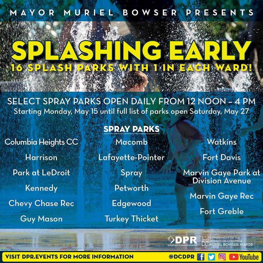 Today, DC opens 16 Spray Parks EARLY!
Daily from Noon - 4pm, get your splash on at a park in every single ward. 💦