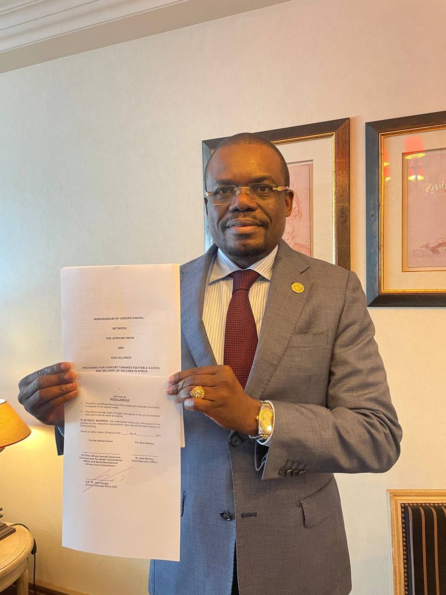 1/2 It’s a great honor to announce that today in Geneva, a MoU between <a href="/_AfricanUnion/">African Union</a> <a href="/AfricaCDC/">Africa CDC</a> &amp; <a href="/gavi/">Gavi, the Vaccine Alliance</a> has been signed with <a href="/AmbSamate/">Amb Minata SAMATE CESSOUMA</a> &amp; <a href="/GaviSeth/">Seth Berkley</a> to strengthen our collaboration in strengthening Immunization systems, access and utilization of life-saving vaccines in #Africa.