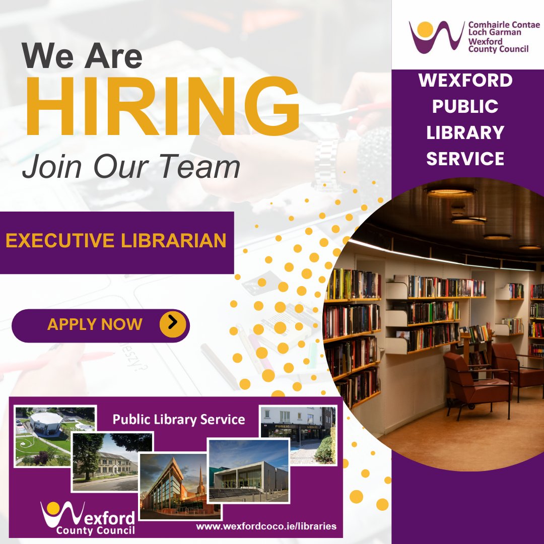wexlibraries's tweet image. Come &amp;amp; join our wonderful team. We are hiring - Executive Librarian.  

Find out more and apply here wexfordcoco.ie/council-and-de…

#Wexford #Enniscorthy #NewRoss #Gorey #Bunclody