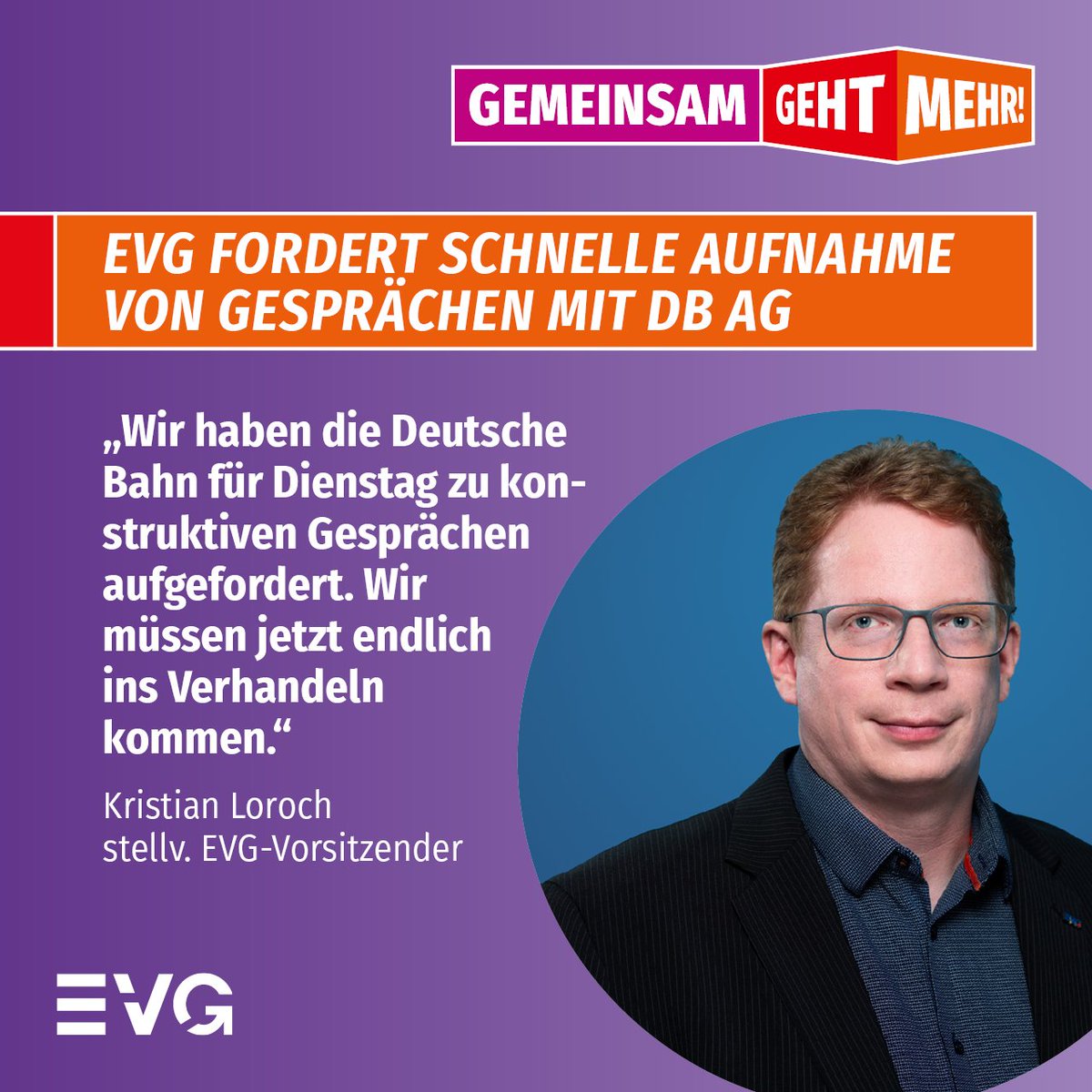 EVG drängt die Deutsche Bahn zu einer schnellen Aufnahme von Tarifgesprächen - Einladung für morgen. Nach dem Vergleich vom Wochenende brauchen wir zügig konstruktive Gespräche.